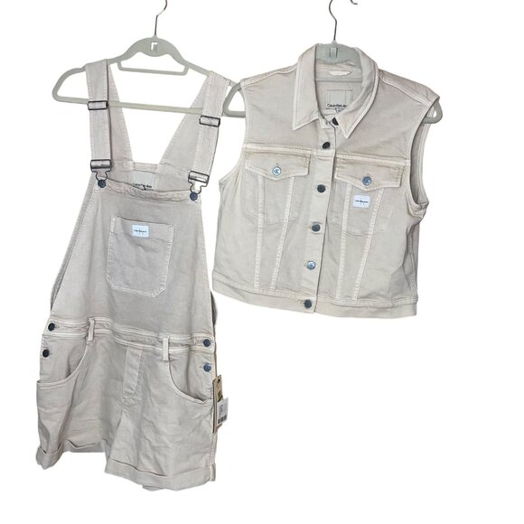Calvin Klein Denim - Calvin Klein Womens Overalls Vest Set Beige Size Large Cuffed Shorts Bib Y2K